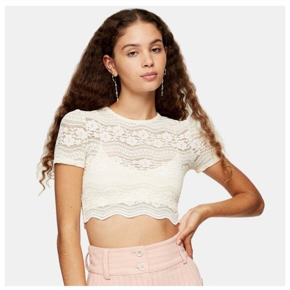 Topshop Lace Floral Short Sleeve Crop Top Cream 6 - Picture 1 of 7